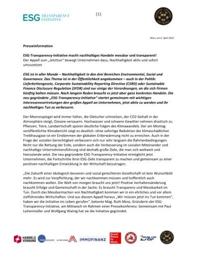 Vorschau Bild von Presseinformation ESG Transparency Initiative