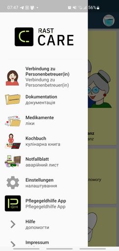 Vorschau Bild von Menüoberfläche der RAST Care App