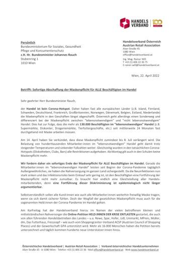 Vorschau Bild von Offener Brief des österreichischen Handels an Gesundheitsminister Rauch