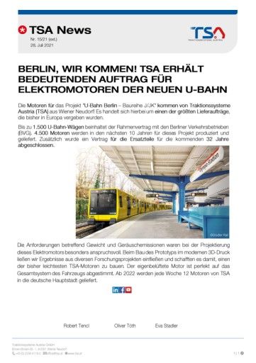 Vorschau Bild von Die Motoren für das Projekt „U-Bahn Berlin – Baureihe J/JK“ kommen von Traktionssysteme Austria (TSA) aus Wiener Neudorf! Es handelt sich hierbei um einen der größten Lieferaufträge, die bisher in Europa vergeben wurden.