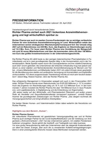 Vorschau Bild von PI Richter Pharma AG: Wirtschaftspressekonferenz 2022