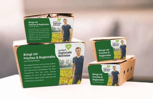 Neue, kostenfreie Verpackungen für regionale Partnerbetriebe von
gurkerl.at mit beispielhaftem Druck