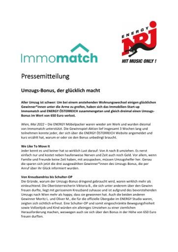 Vorschau Bild von Pressemitteilung Umzugs-Bonus ImmomatchxENERGY