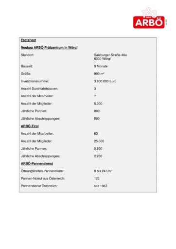 Vorschau Bild von Factsheet: ARBÖ-Prüfzentrum in Wörgl