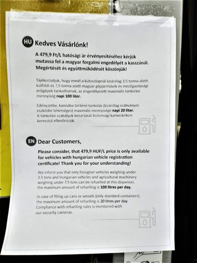 Info-Blatt für ausländische Tankstellenkunden in
Ungarn.