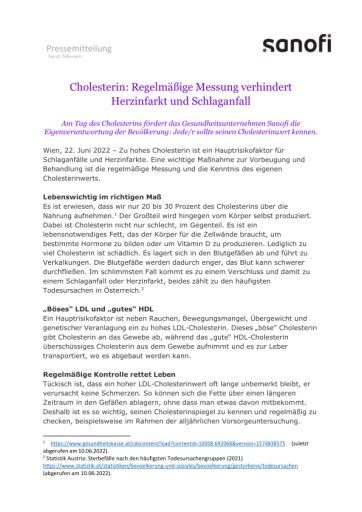 Vorschau Bild von Presseinformation zum Tag des Cholesterins als PDF