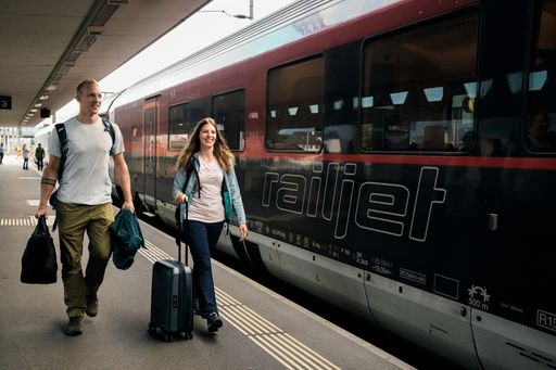 Vorschau Bild von Bahnreisepaar vor dem ÖBB Railjet am Bahnhof Buchs.