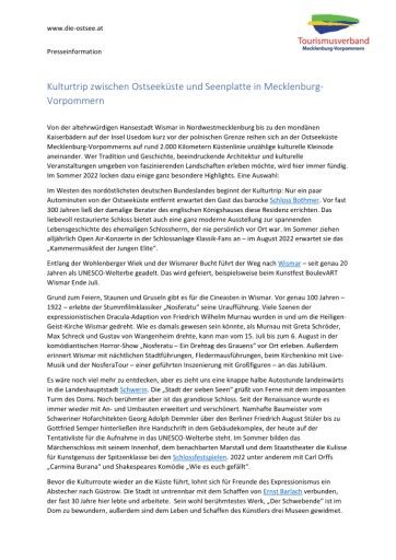 Vorschau Bild von Pressemitteilung Langversion "Kulturtrip zwischen Ostseeküsten und Seenplatte in Mecklenburg-Vorpommern"