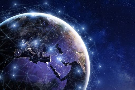 Communication network around Earth used for
worldwide international connections for finance, banking, internet,
and IoT. Image of Earth from NASA
(https://eoimages.gsfc.nasa.gov/images/imagerecords/90000/90008/euro
pe_vir_2016_lrg.png) and personal composition on Photoshop