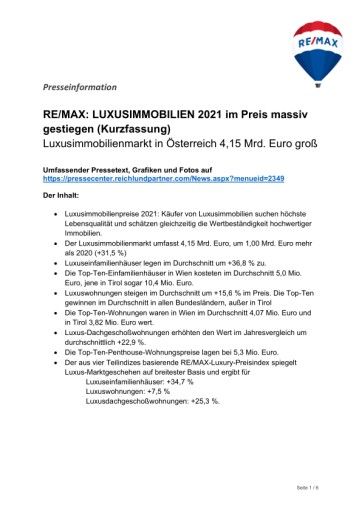  RE/MAX: LUXUSIMMOBILIEN 2021 im Preis massiv gestiegen