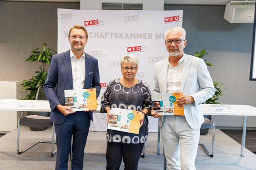 Vorschau Bild von Jürgen Schrampf (GF Econsult), Katharina Pokorny
(WKW-Fachgruppenobfrau Kleintransporteure) und Davor Sertic
(WKW-Spartenobmann Transport und Verkehr) präsentieren den
KEP-Branchenreport