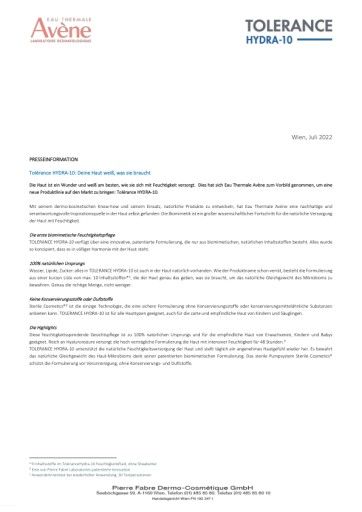 Vorschau Bild von Pressemitteilung Avène Tolerance HYDRA-10