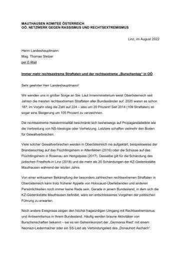  Offener Brief an LH Stelzer - Immer mehr rechtsextreme Straftaten und der rechtsextreme "Burschentag" in OÖ