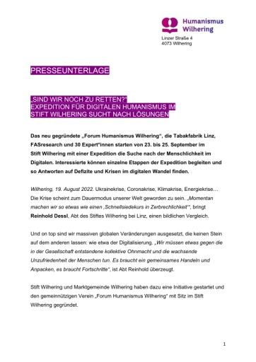 Vorschau Bild von Presseunterlage: "Sind wir noch zu retten? => Expedition für Digitalen Humanismus im Stift Wilhering"