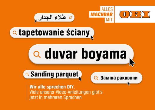 How-To-Videos von OBI sollen künftig für jeden einfach
nachvollziehbar sein, der Einstieg zu Do-It-Yourself (DIY)
niedrigschwellig gestaltet werden - Sprache ist dazu ein zentraler
Möglichmacher. Deshalb gibt es ab sofort viele der beliebten OBI
Videos nicht nur auf Deutsch, sondern auch in den meistgesprochenen
Fremdsprachen Deutschlands und Österreichs / Weiterer Text über ots
und www.presseportal.de/nr/163911 / Die Verwendung dieses Bildes ist
für redaktionelle Zwecke unter Beachtung ggf. genannter
Nutzungsbedingungen honorarfrei. Veröffentlichung bitte mit
Bildrechte-Hinweis.