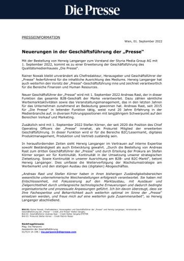 Vorschau Bild von Presse Aussendung - Neuerungen in der Geschäftsführung der „Presse“