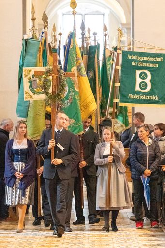 Vorschau Bild von Der Einzug wurde von zahlreichen Fahnen der
Bäuerinnen, der Landjugend, des NÖ Bauernbundes begleitet.
