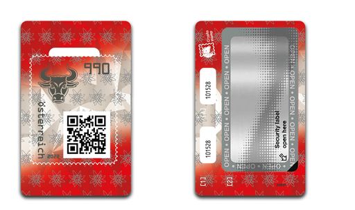 Auf der neuen Crypto stamp 4.0 der Österreichischen
Post ist der Bulle zu sehen, sie ist in rot-weiß-rot gehalten und
zeigt zusätzlich das Edelweiß.