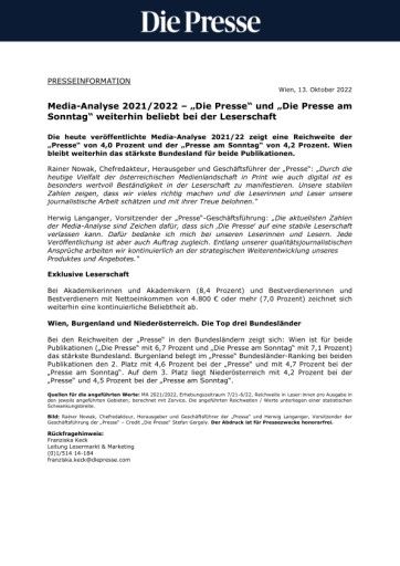 Vorschau Bild von Presseaussendung "Die Presse" Media Analyse 2021/22
