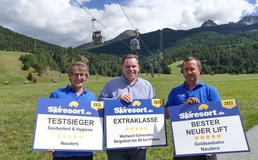 Vorschau Bild von Betriebsleiter Roman Dilitz (re.) und
Marketingverantwortlicher Karl Folie (li.) freuen sich über die
Auszeichnungen, die ihnen der Geschäftsführer Oliver Kern von
skiresort.de überbracht hat.