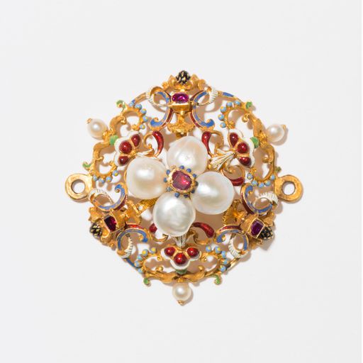 Vorschau Bild von Rosette aus dem Haller Schmuck, 1570–1580,
Ausführung: Münchner Hofwerkstatt, Gold, Email, Rubin, Perle, MAK,
BJ-931-4