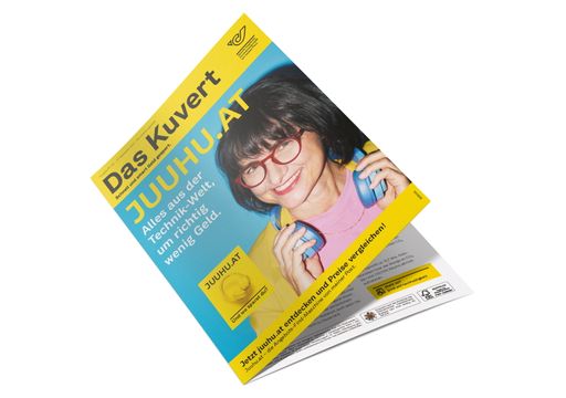 Flugblatt-Werbemedium "Das Kuvert“ der Post mit den
Gütesiegeln FSC und Österreichisches Umweltzeichen