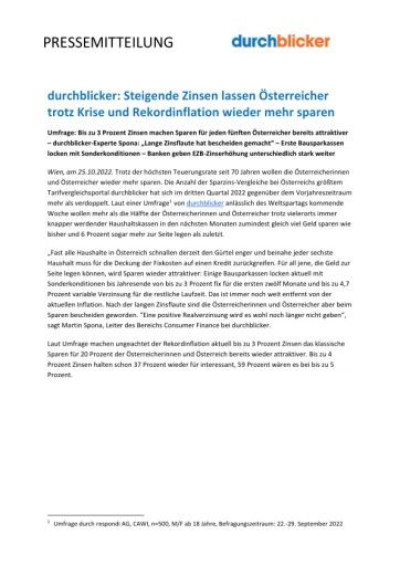 Vorschau Bild von durchblicker: Steigende Zinsen lassen Österreicher trotz Krise und Rekordinflation wieder mehr sparen
