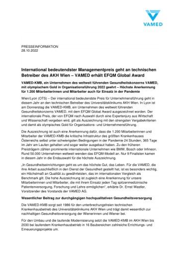 Vorschau Bild von International bedeutendster Managementpreis geht an technischen Betreiber des AKH Wien – VAMED erhält EFQM Global Award
