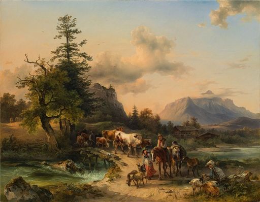  Friedrich Gauermann, "Almabtrieb, im Hintergrund
der Untersberg" von Kunsthandel Giese und Schweiger Öl auf Holz
(parkettiert), 80 x 112 cm, Mitte unten signiert: "F. Gauermann"
Provenienz: Graf Barkoczy; Privatbesitz, Miesenbach; Privatbesitz,
Österreich Literatur: Einnahmenbuch des Künstlers (Feuchtmüller
1962, S. 157 ff.) Nr. 212; Rupert Feuchtmüller, "Friedrich
Gauermann", Rosenheim 1987, S. 297, WVZ-Nr. 262 (Ein Alpenzug aus
Berchtesgaden); zum Vergleich: Feuchtmüller 1987, S. 212, Abb.: "Ein
Alpenzug aus Berchtesgaden" (Öl auf Papier, 25,3 x 32,6 cm, 1849,
Wien, Akademie, Inv. Nr. AK 7216; ebenda mit Inv. Nr. AK 7217:
Skizze, Feder laviert, auf bräunlichem Papier, 29,9 x 40,4 cm)