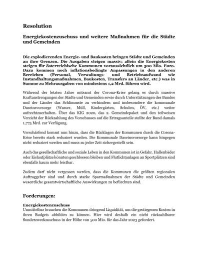  Resolution im Volltext. Wird an Bundeskannzler, Vizekanzler sowie an Finanz- und Klimaministerin versendet.