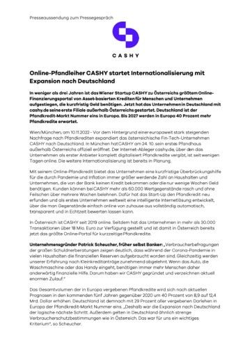 Vorschau Bild von Online-Pfandleiher CASHY startet Internationalisierung mit Expansion nach Deutschland