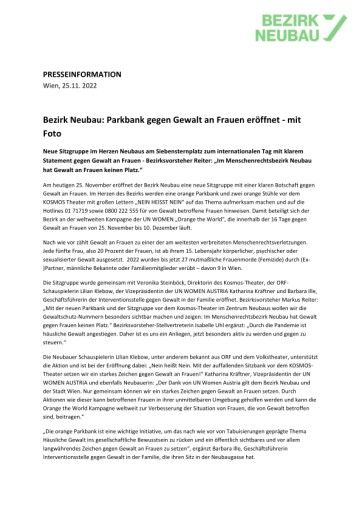 Vorschau Bild von Bezirk Neubau: Parkbank gegen Gewalt an Frauen eröffnet