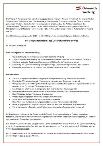 Vorschau Bild von Ausschreibung für die Position der Geschäftsführung der Österreich Werbung