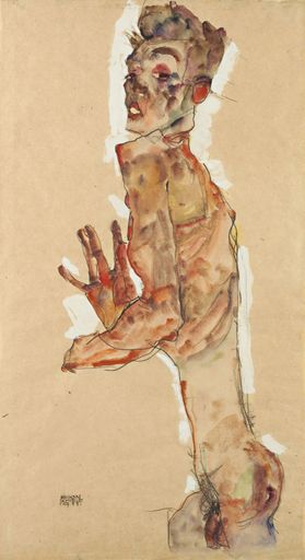Vorschau Bild von Egon Schiele (1890–1918), Selbstakt mit gespreizten
Fingern, 1911, Bleistift, Gouache, weiß (gehöht) auf Papier, 53 x
29,1 cm, Leopold Museum, Wien, Inv. LM 1383