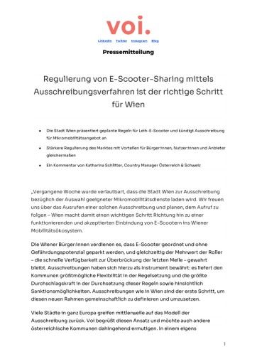 Vorschau Bild von Regulierung von E-Scooter-Sharing mittels Ausschreibungsverfahren ist der richtige Schritt für Wien