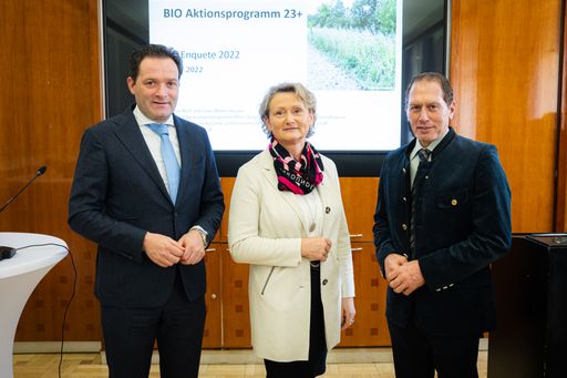 Bundesminister Norbert Totschnig lud zur jährlichen Bio-Enquete
ins Landwirtschaftsministerium ein. Gemeinsam mit BIO AUSTRIA Obfrau
Gertraud Grabmann und LKÖ Präsident Josef Moosbrugger stellte er das
„Aktionsprogramm Biologische Landwirtschaft 2023“ vor.