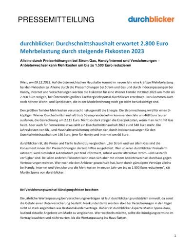 Vorschau Bild von durchblicker: Durchschnittshaushalt erwartet 2.800 Euro Mehrbelastung durch steigende Fixkosten 2023