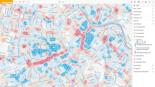 Wien: Die Haupteinkaufsstraßen (in Rot) sind leicht
an der hohen Dichte der Filialbetriebe zu erkennen.