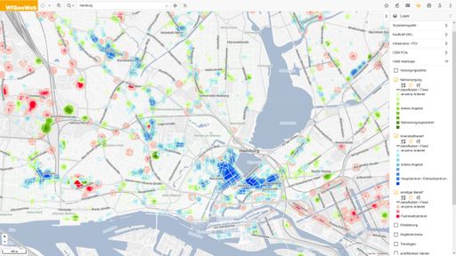 Vorschau Bild von Hamburg: Das typische Innenstadtangebot (in Blau)
findet sich vor allem in der City und in den Stadtteilzentren.
Nahversorgungszentren (in Grün) verteilen sich hingegen fußläufig
gut erreichbar in Wohnortnähe über die gesamte Stadt. Bevorzugte
Standorte großflächiger Fachmärkte (in Rot) befinden sich eher in
Gewerbegebieten.