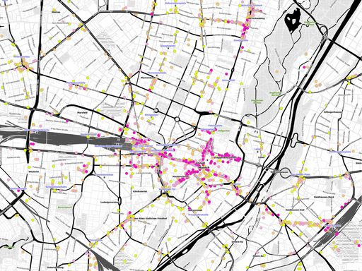 Vorschau Bild von München: Gleich und Gleich gesellt sich gern:
Internationale Filialisten (in Pink) bevorzugen Bestlagen und zahlen
entsprechende Ladenmieten.