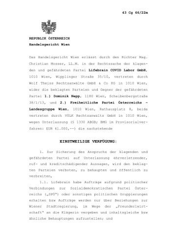  Handelsgericht Wien erlässt einstweilige Verfügung gegen Dominik Nepp und FPÖ Wien