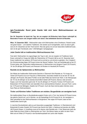 Vorschau Bild von Der 24. Dezember ist damit der Tag, der am engsten mit Bräuchen beim Essen verknüpft ist. Besonders Frauen und Jüngere halten sich daran. Das beliebteste Gericht ist Raclette.