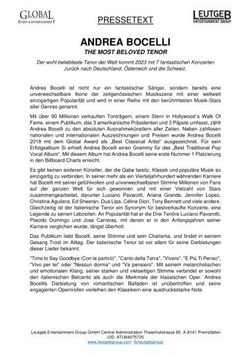Vorschau Bild von Pressetext Andrea Bocelli Tour 2023