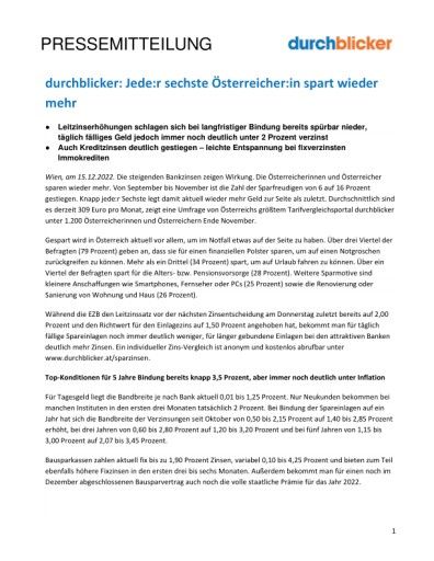 Vorschau Bild von durchblicker: Jede:r sechste Österreicher:in spart wieder mehr