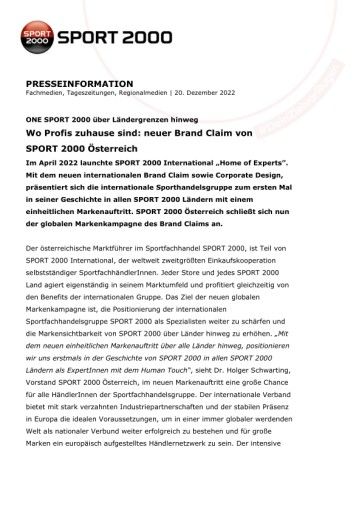 Vorschau Bild von Wo Profis zuhause sind: neuer Brand Claim von SPORT 2000 Österreich