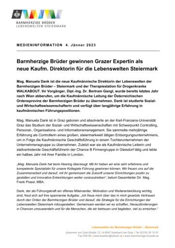 Vorschau Bild von Presseinformation der Lebenswelten der Barmherzigen Brüder - Steiermark (Neubesetzung Kaufm. Direktion)