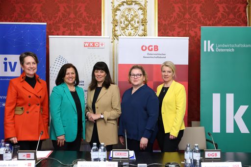 Im Bild v.l.n.r.: Sabine Herlitschka
(Vizepräsidentin Industriellenvereinigung), Renate Anderl
(Präsidentin Arbeiterkammer), Martha Schultz (Vizepräsidentin
Wirtschaftskammer Österreich und Bundesvorsitzende FiW), Korinna
Schumann (Vizepräsidentin und Frauenvorsitzende ÖGB), Irene
Neumann-Hartberger (Vizepräsidentin Landwirtschaftskammer Österreich
und Bundesbäuerin)