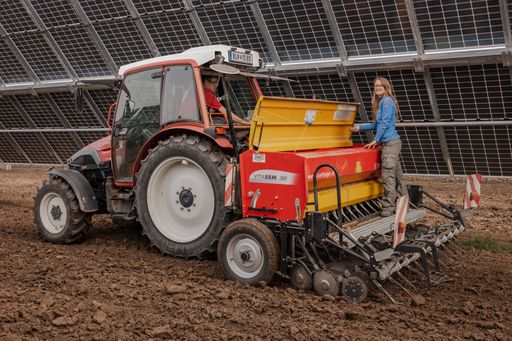  Agri-PV-Anlagen wie das EWS Sonnenfeld ermöglichen
die Doppelnutzung am Feld zur gleichzeitigen Solarstrom- und
Lebensmittelproduktion.