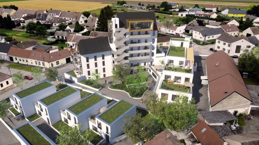 Vorschau Bild von Direkt im Ortszentrum von Bernhardsthal entstehen
24 moderne Wohnungen, ergänzt durch vier Reihenhäuser mit begrünten
Flachdächern sowie zusätzliche Gewerbeflächen und Büros.