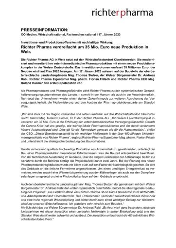 Vorschau Bild von Presseinformation der Richter Pharma AG zur Errrichtung eines neuen Produktionskomplexes in Wels
